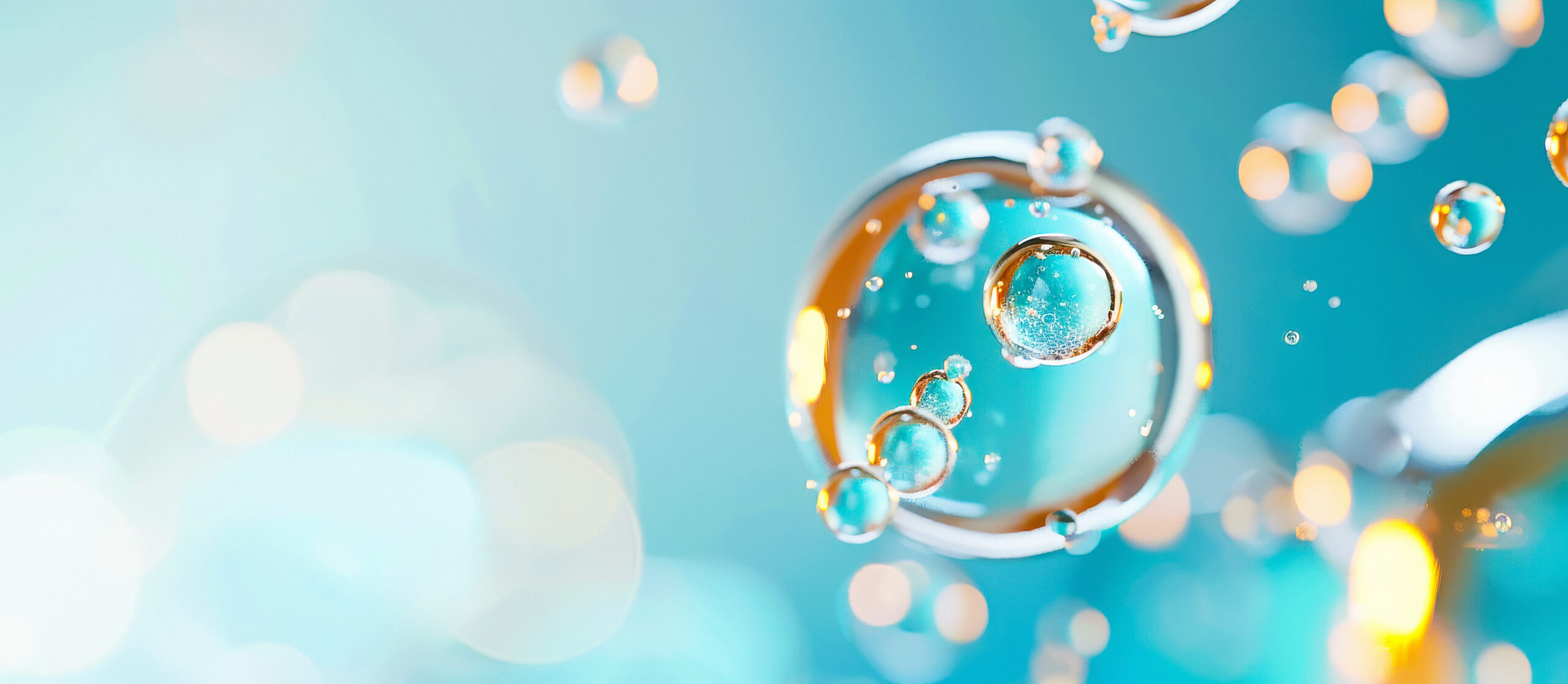 Female eye with long eyelashes close-up molecules and water drops on blue background