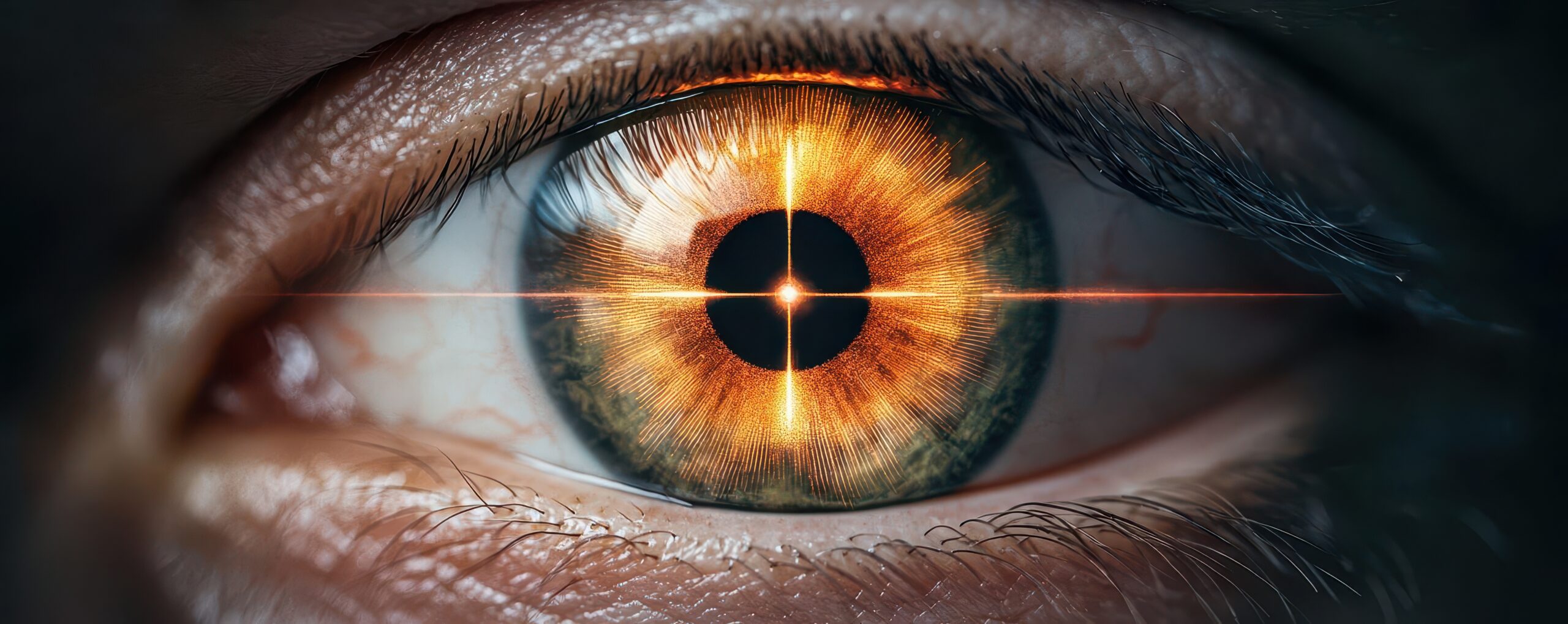 A futuristic glowing bullseye on an eye, symbolizing achieving business goals with precision and innovative strategies